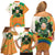 Ireland Irish Leprechaun with Shamrock Family Matching Off Shoulder Short Dress and Hawaiian Shirt Ireland 17th March Saint Patrick's Day