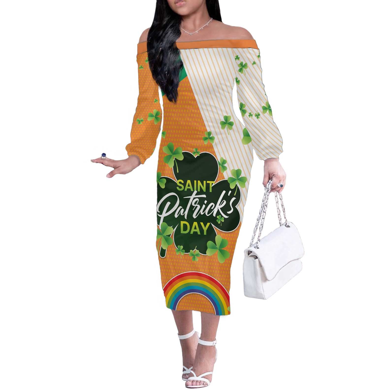 Ireland Irish Leprechaun with Shamrock Off The Shoulder Long Sleeve Dress Ireland 17th March Saint Patrick's Day