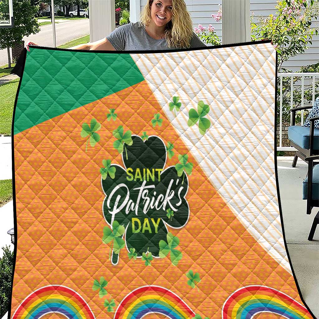 St. Patrick’s Day quilt, green/orange/white panels with shamrocks and rainbow arches