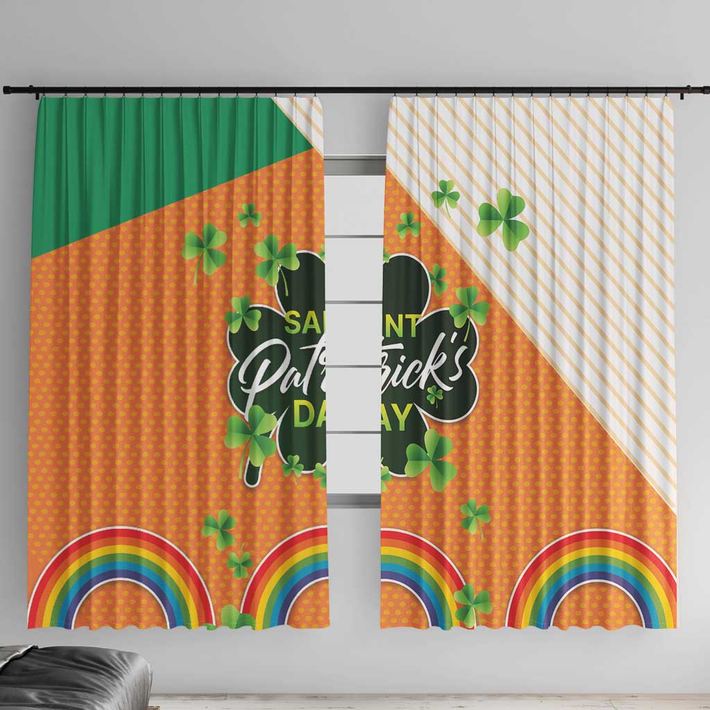Orange and green St. Patrick’s Day curtain panels with rainbows, shamrocks, and logo text