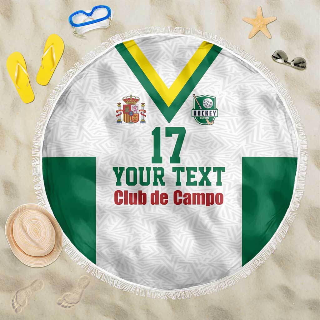 Round white beach blanket with green V, "17", "Your Text" and fringe edge