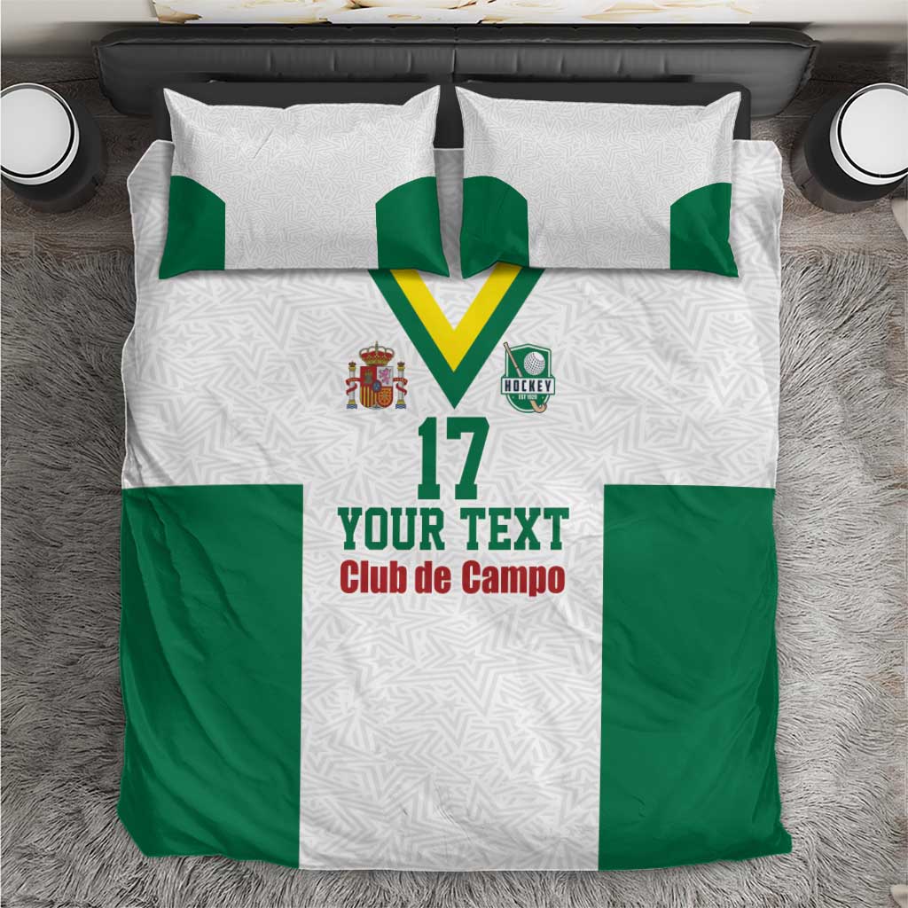 White and green field hockey-themed duvet cover set with two matching pillowcases
