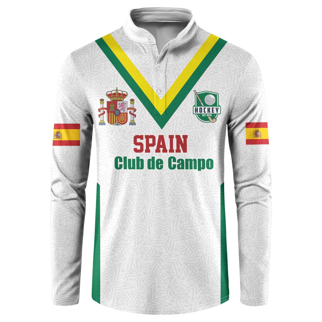 White field hockey button sweatshirt with green V trim, Spain and Club de Campo crest