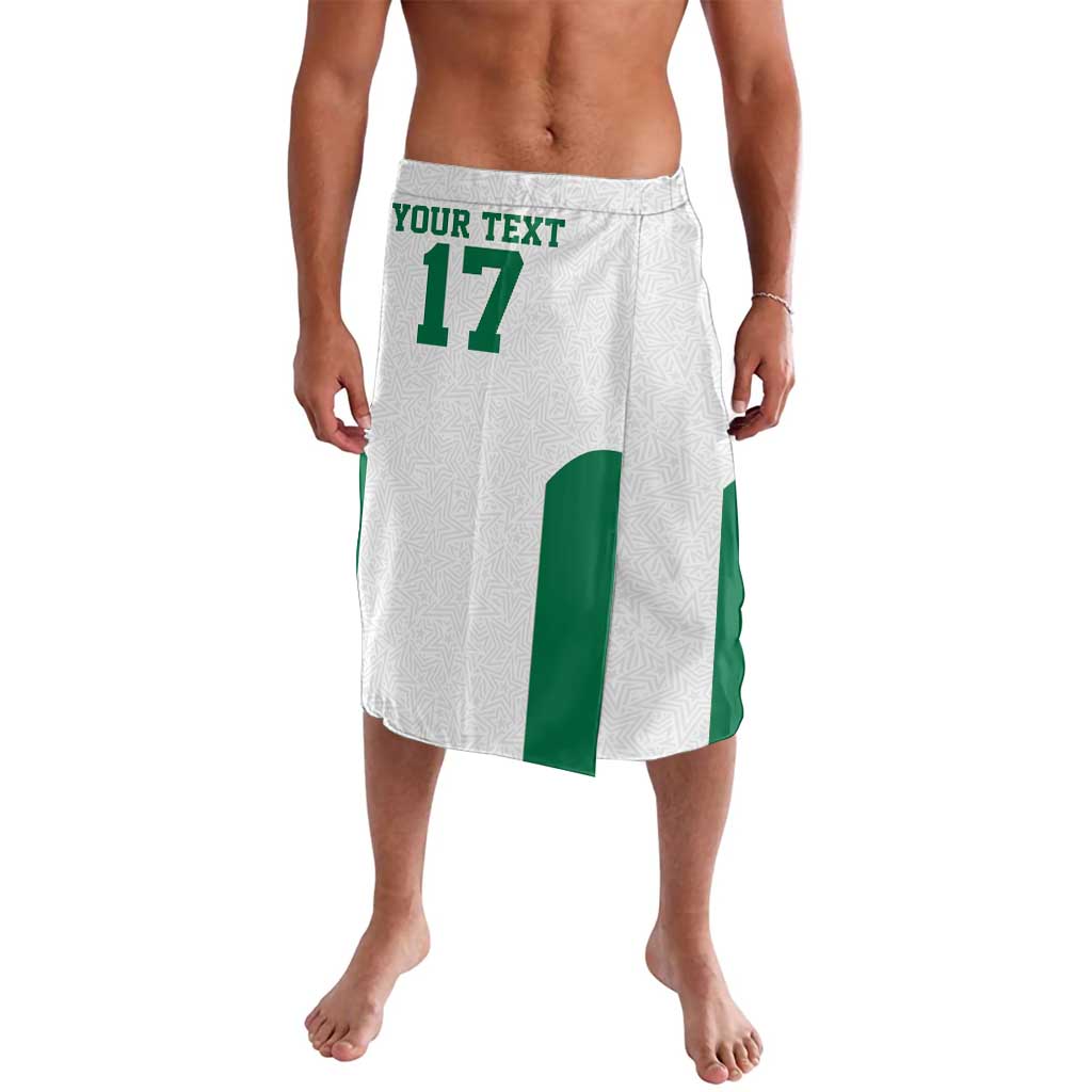 White athletic shorts with green number 17 and custom text, knee length