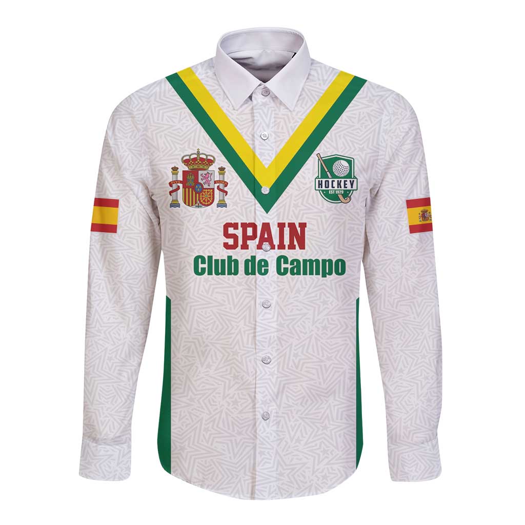 White long-sleeve field hockey button shirt with green V collar, Spain crest, armbands