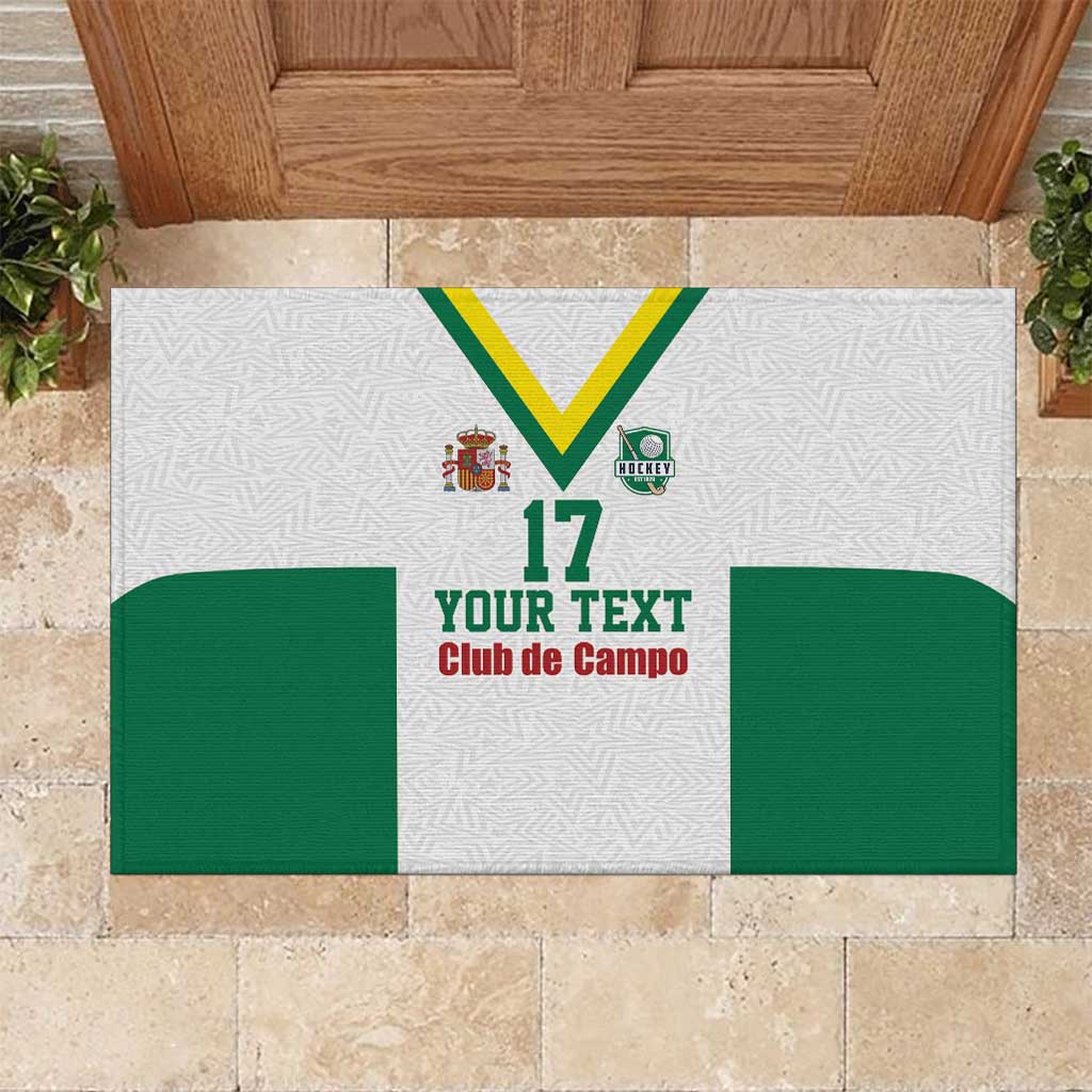 Field hockey rubber doormat with green/yellow stripes, 'Your Text' and club crest