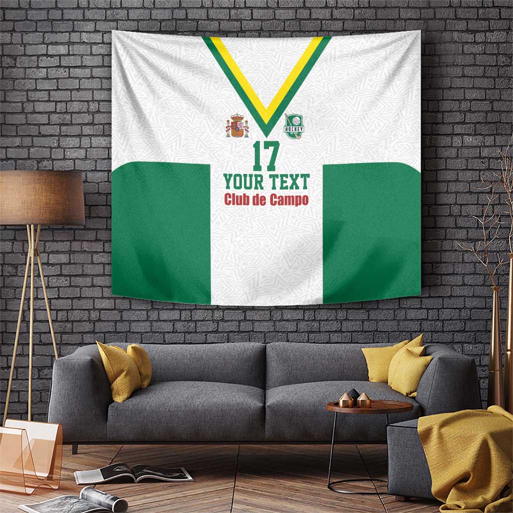 White field hockey tapestry with green panels, yellow V, and “YOUR TEXT” Club de Campo