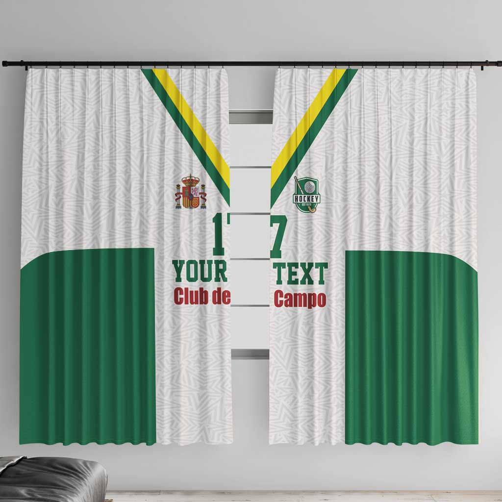 White window curtain with green panel, yellow-green stripes, crest and custom text.