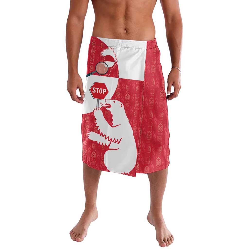 Red knee-length skirt/shorts with polar bear patch and STOP graphic