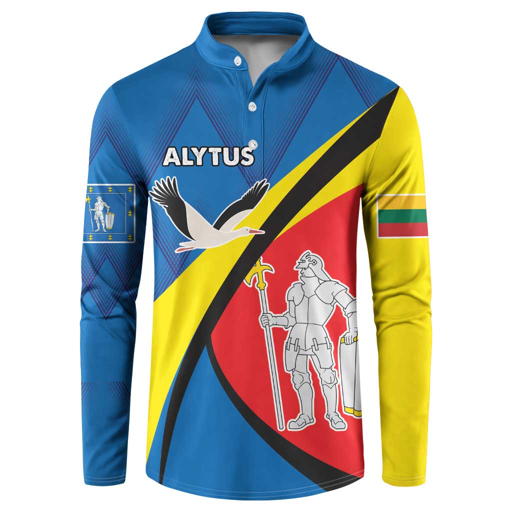 Blue button sweatshirt with large Alytus emblem graphic and crest on the front