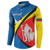 Blue button sweatshirt front with Alytus logo, eagle graphic, and sleeve crest patch