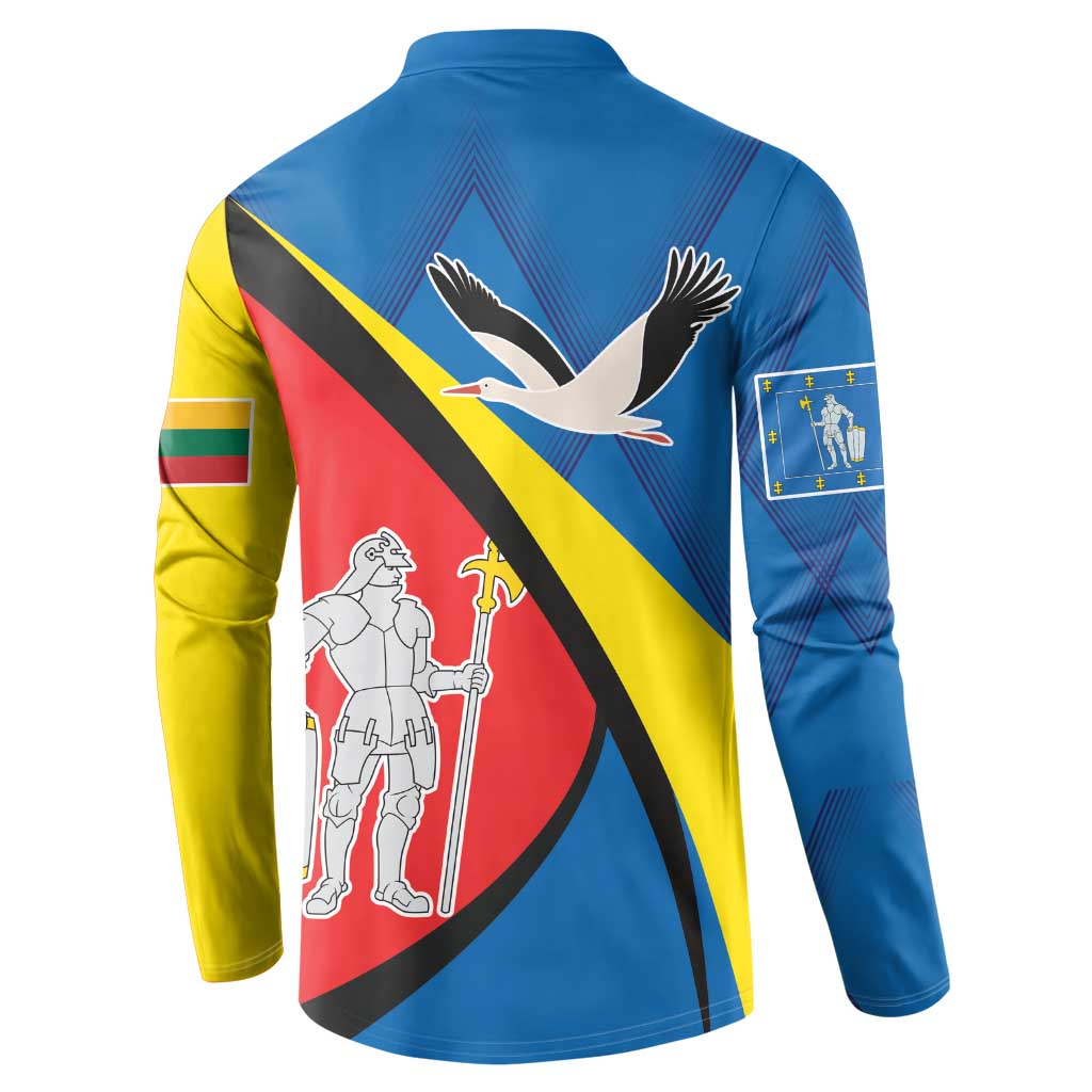 Blue button sweatshirt back with eagle graphic, diagonal stripes, and sleeve crest patch