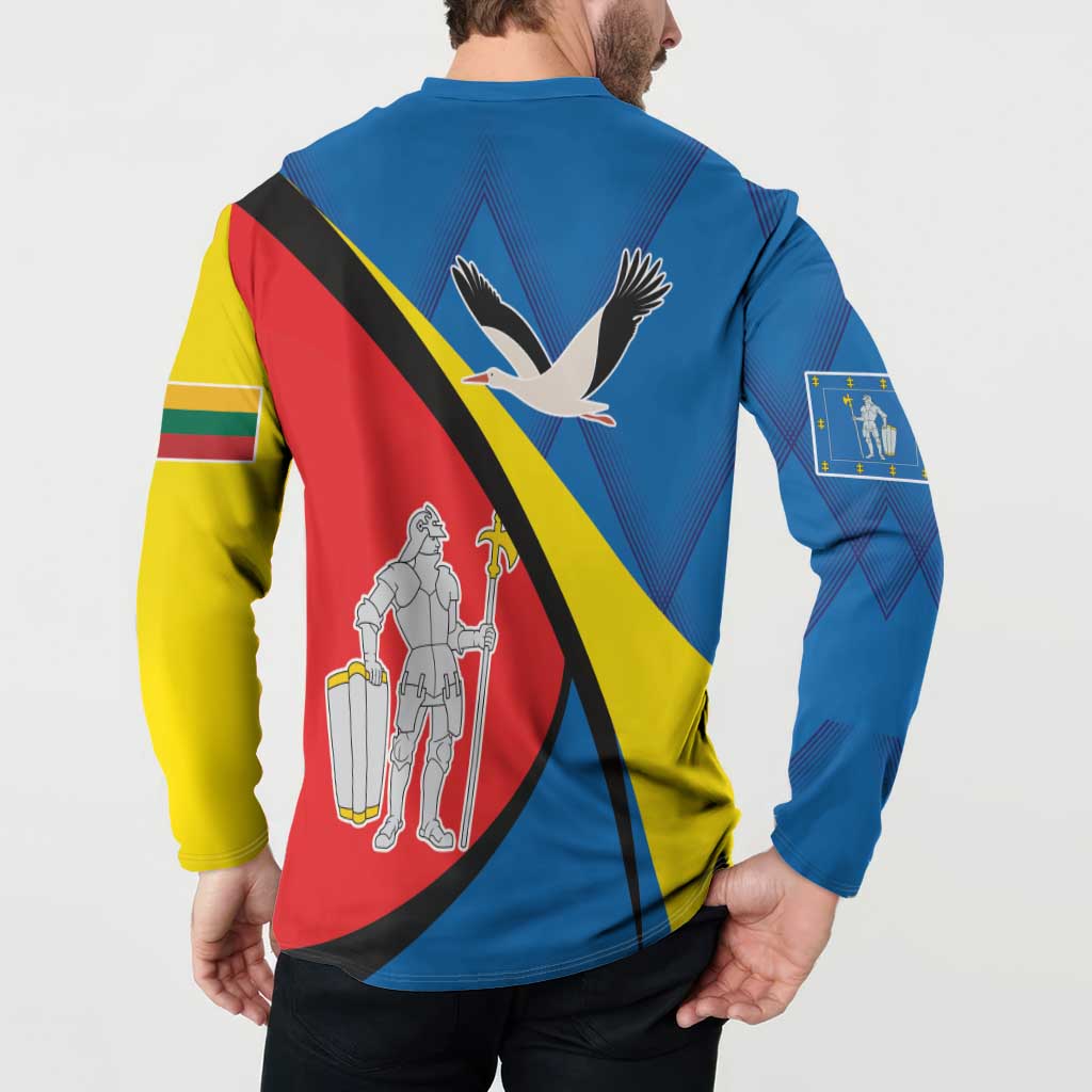 Blue button sweatshirt back with eagle and soldier artwork plus sleeve crest patch