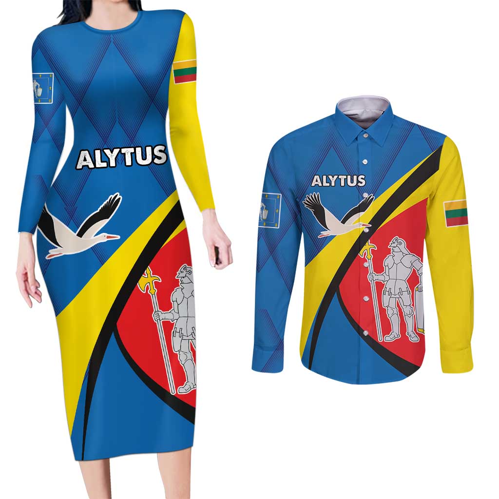 Lithuania Alytus County Couples Matching Long Sleeve Bodycon Dress and Long Sleeve Button Shirt Alytaus Apskritis Coat of Arms