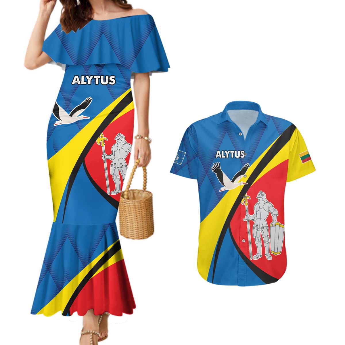 Lithuania Alytus County Couples Matching Mermaid Dress and Hawaiian Shirt Alytaus Apskritis Coat of Arms