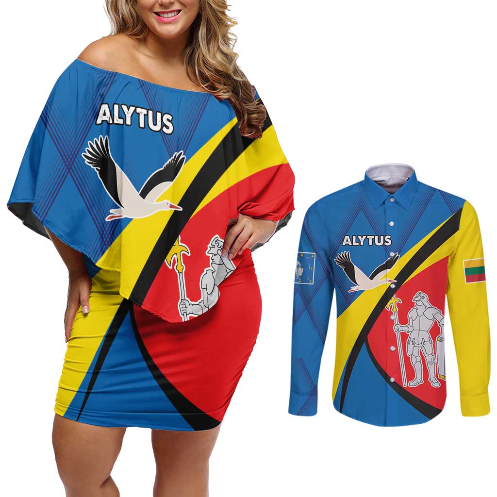 Lithuania Alytus County Couples Matching Off Shoulder Short Dress and Long Sleeve Button Shirt Alytaus Apskritis Coat of Arms