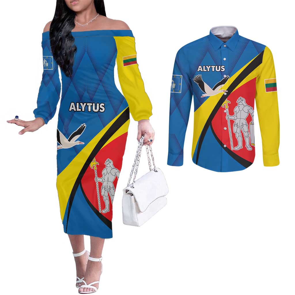 Lithuania Alytus County Couples Matching Off The Shoulder Long Sleeve Dress and Long Sleeve Button Shirt Alytaus Apskritis Coat of Arms