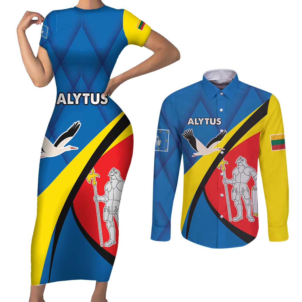 Lithuania Alytus County Couples Matching Short Sleeve Bodycon Dress and Long Sleeve Button Shirt Alytaus Apskritis Coat of Arms