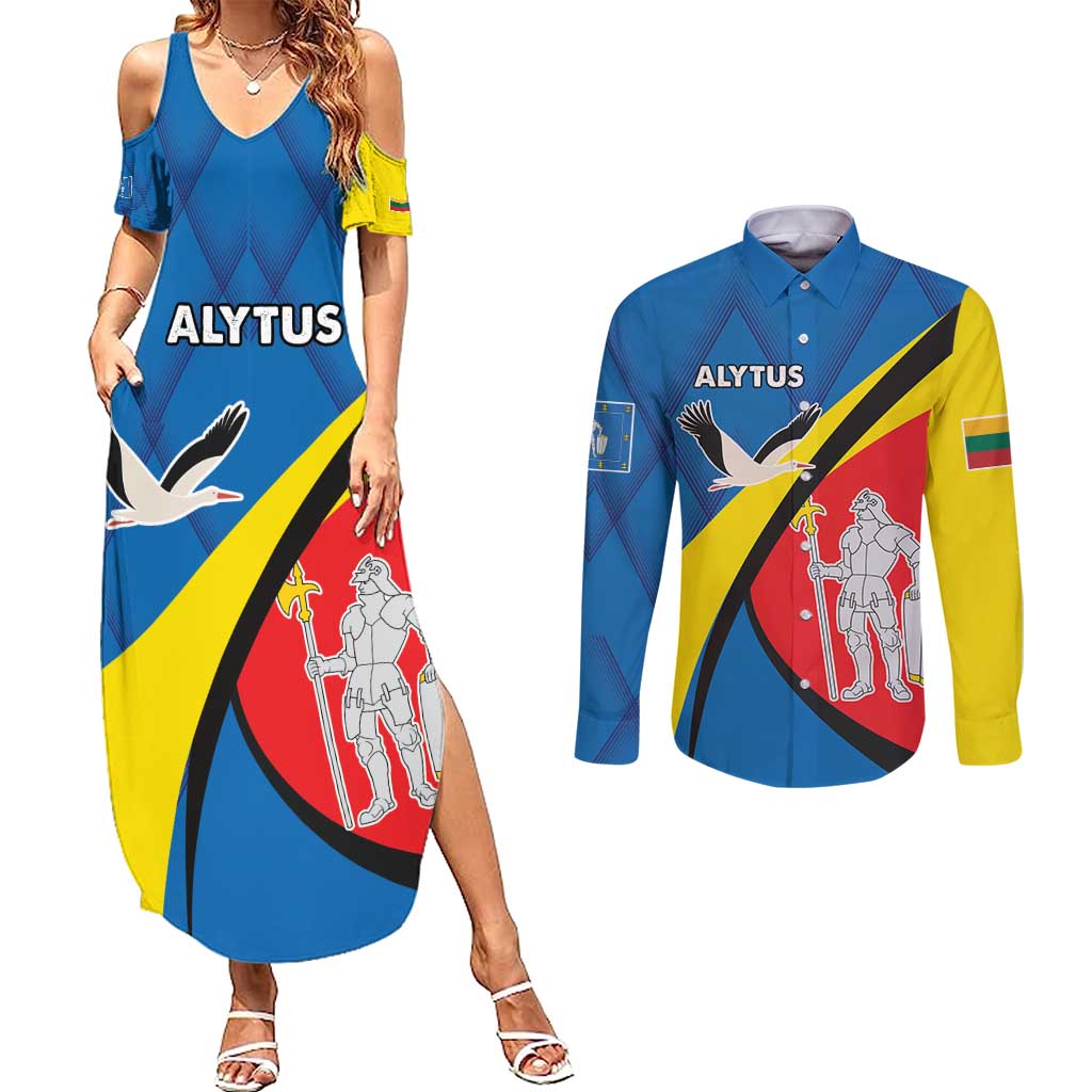 Lithuania Alytus County Couples Matching Summer Maxi Dress and Long Sleeve Button Shirt Alytaus Apskritis Coat of Arms