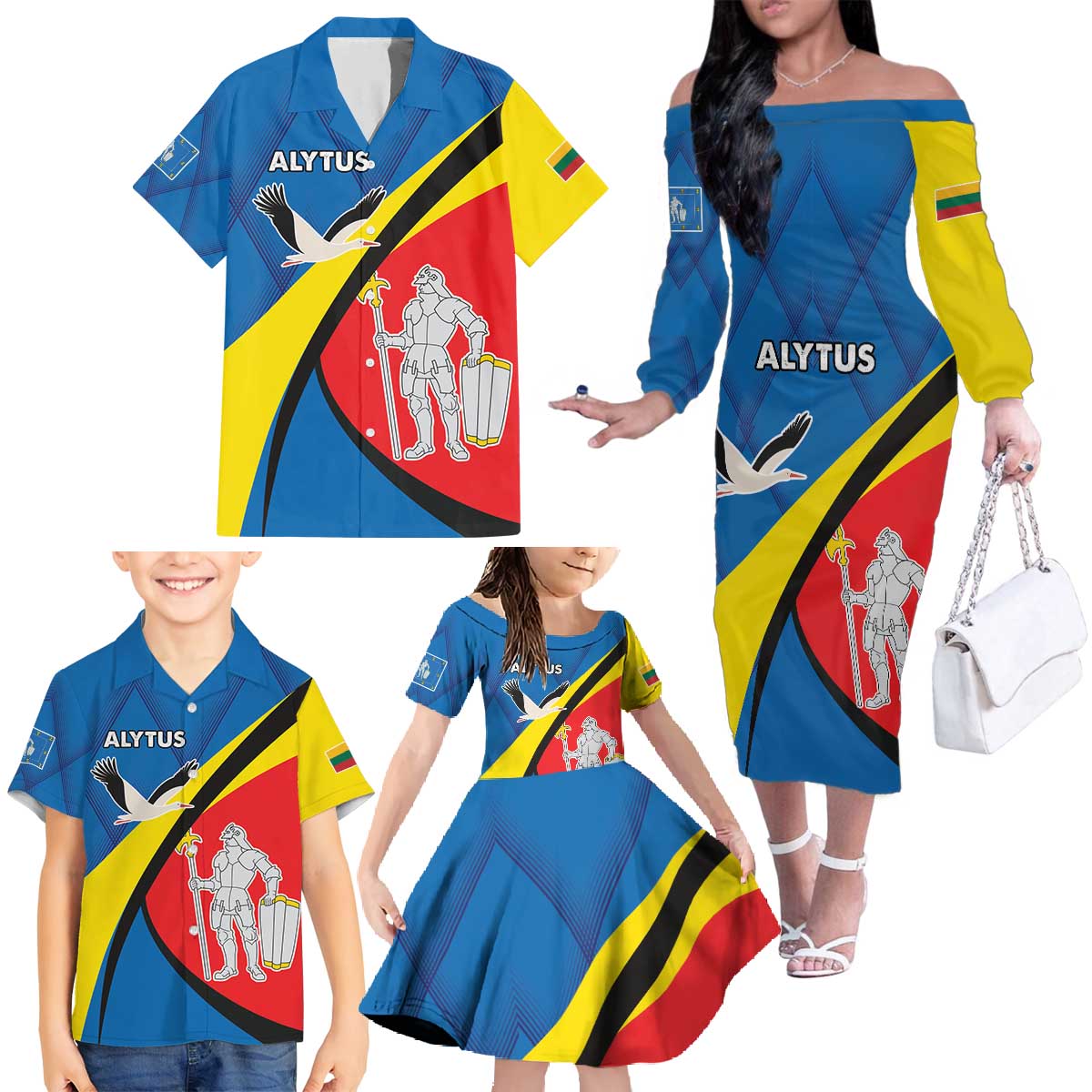 Lithuania Alytus County Family Matching Off The Shoulder Long Sleeve Dress and Hawaiian Shirt Alytaus Apskritis Coat of Arms