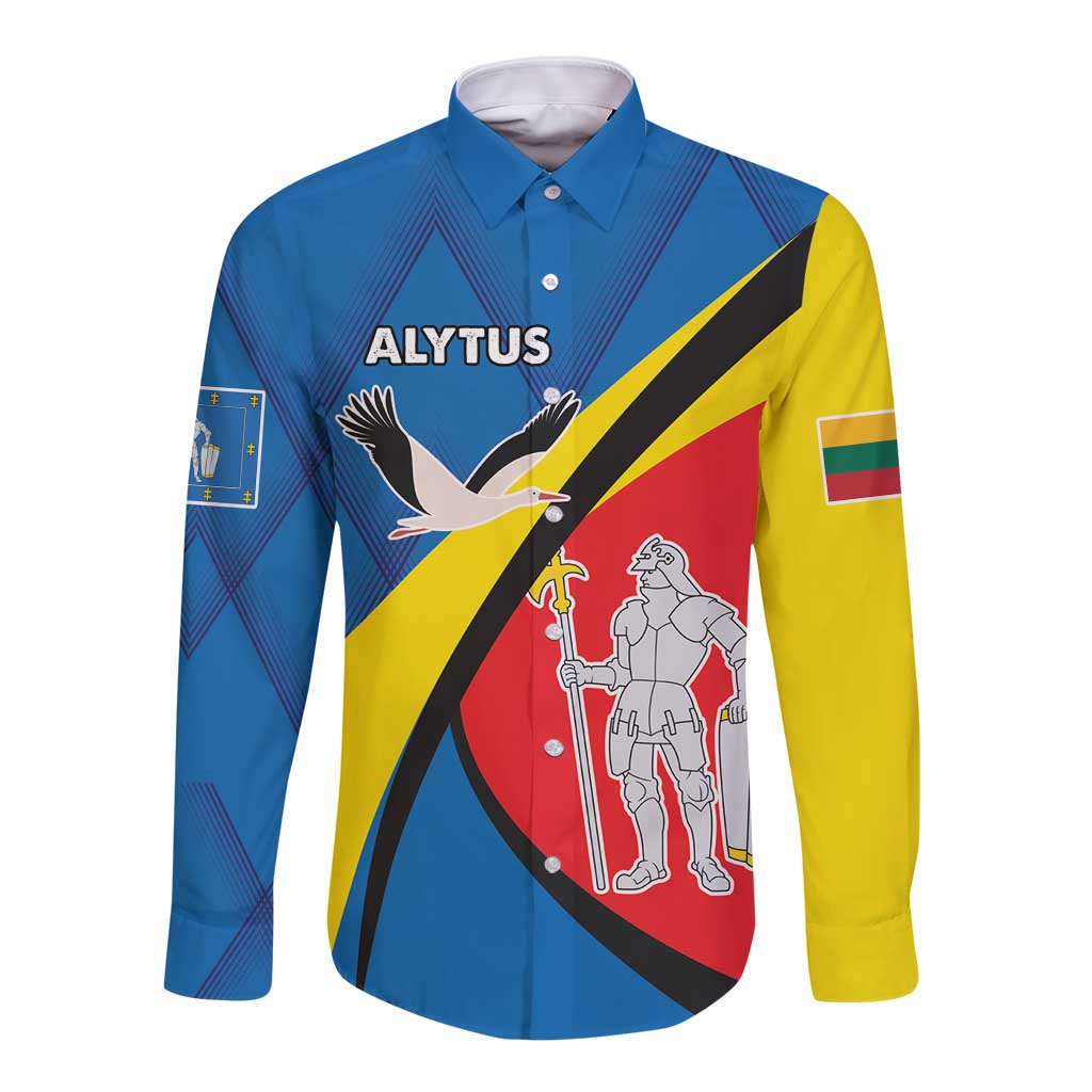 Blue long-sleeve button shirt with Alytus crest graphics and multicolor diagonal panels