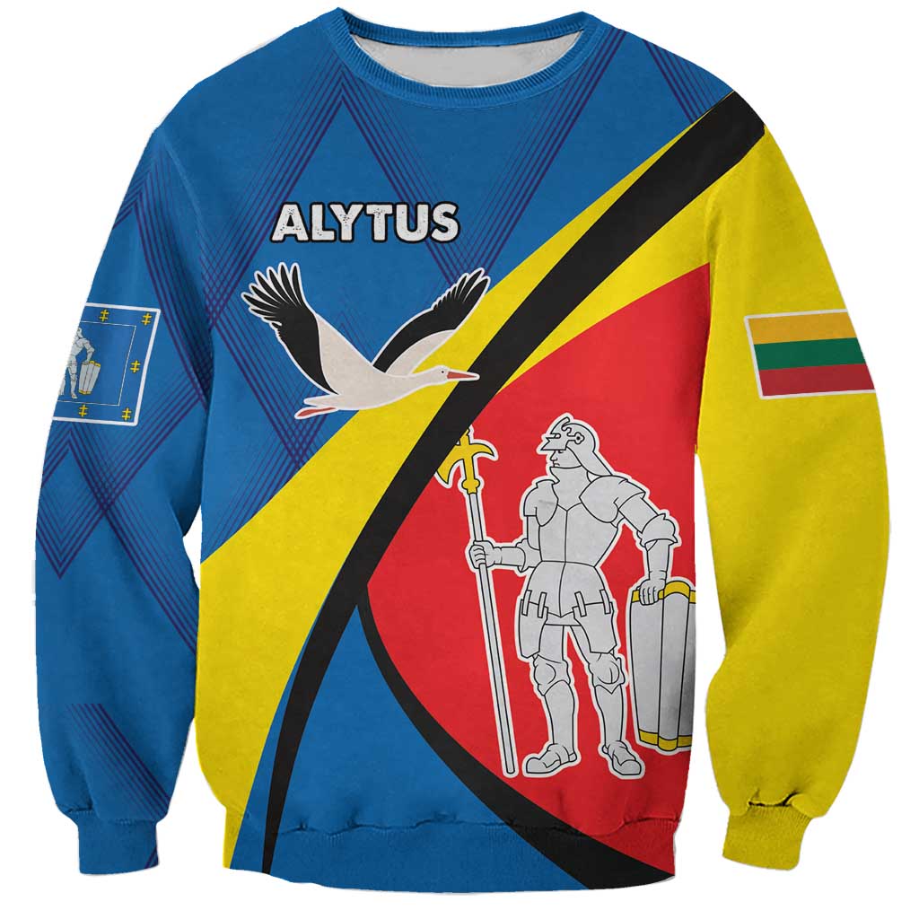 Unisex blue sweatshirt with Alytus graphic, bird and soldier print on front