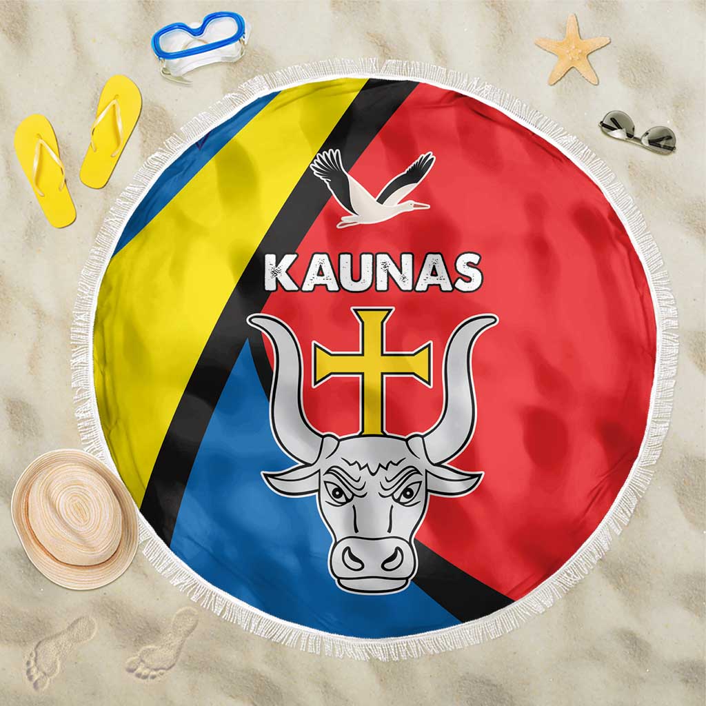 Round beach blanket with tassel fringe, blue yellow red emblem flag and bull crest