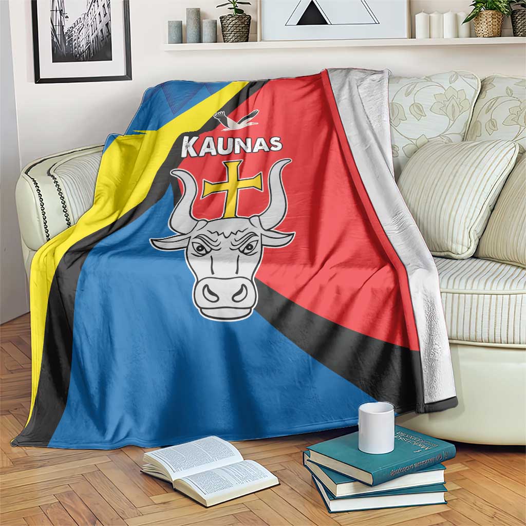 Kaunas coat-of-arms flag blanket, blue-yellow-red with black diagonal stripe and bull crest