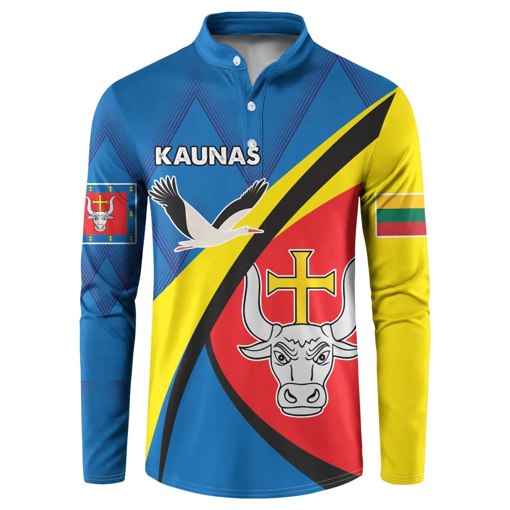 Blue button-front sweatshirt with Kaunas graphic, eagle and shield emblem, long sleeves