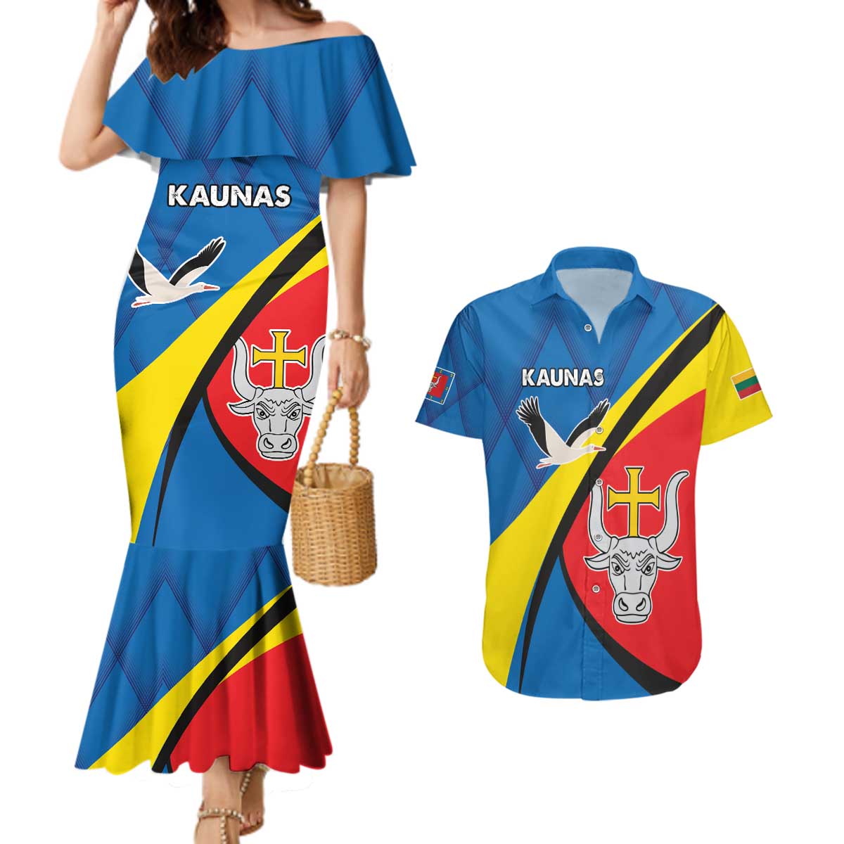 Lithuania Kaunas County Couples Matching Mermaid Dress and Hawaiian Shirt Kauno Apskritis Coat of Arms