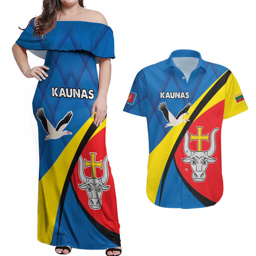 Lithuania Kaunas County Couples Matching Off Shoulder Maxi Dress and Hawaiian Shirt Kauno Apskritis Coat of Arms