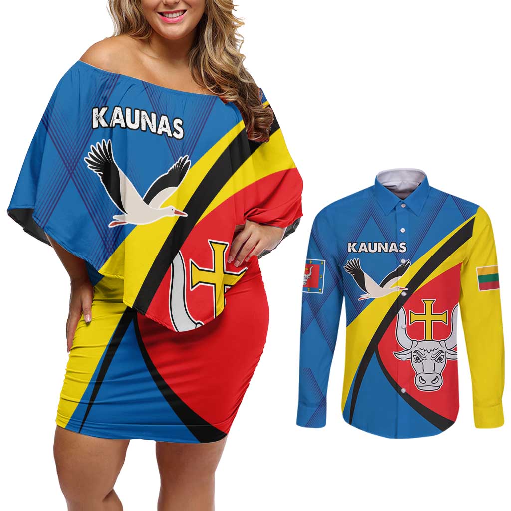 Lithuania Kaunas County Couples Matching Off Shoulder Short Dress and Long Sleeve Button Shirt Kauno Apskritis Coat of Arms