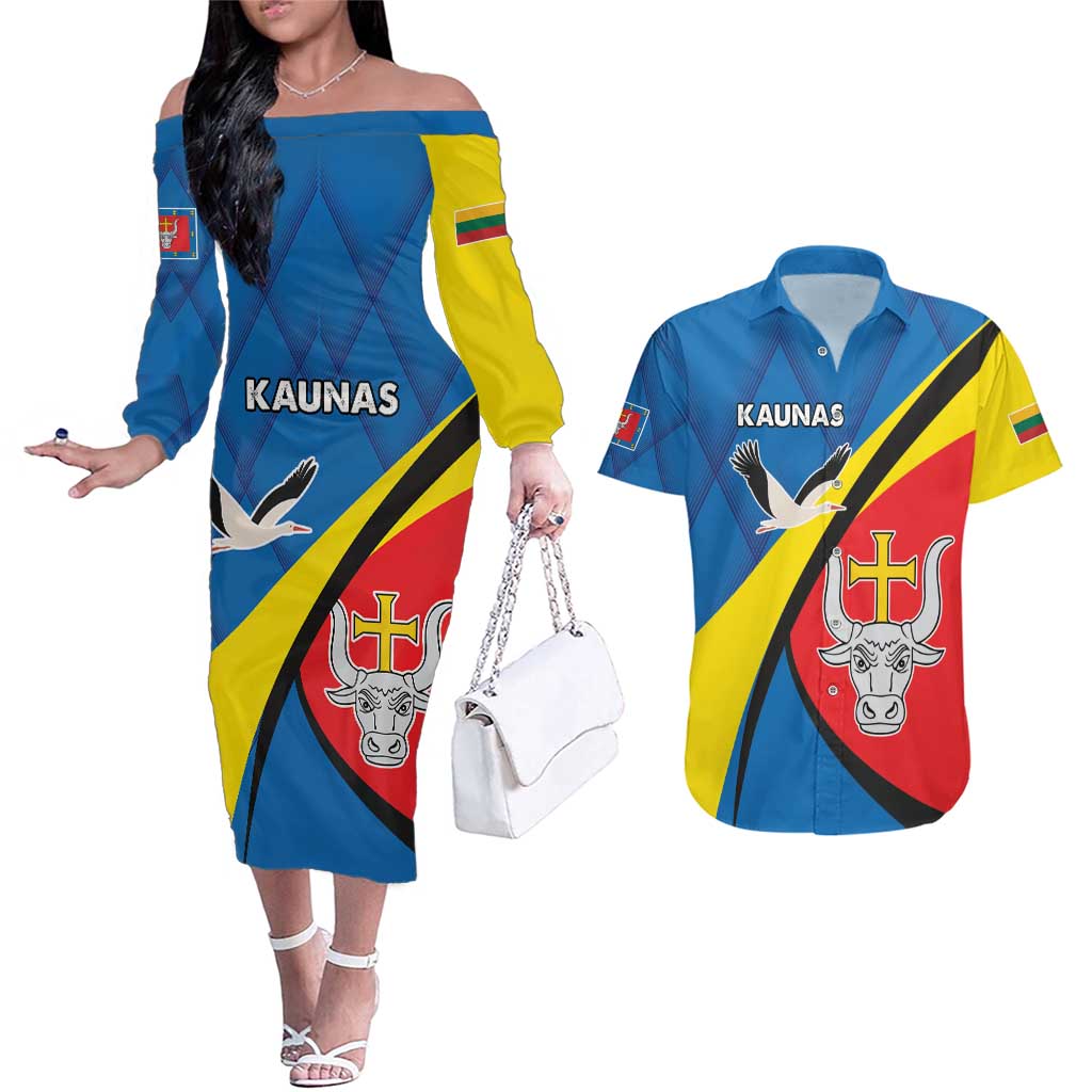 Lithuania Kaunas County Couples Matching Off The Shoulder Long Sleeve Dress and Hawaiian Shirt Kauno Apskritis Coat of Arms