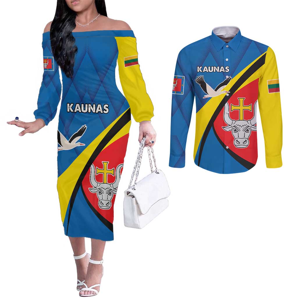 Lithuania Kaunas County Couples Matching Off The Shoulder Long Sleeve Dress and Long Sleeve Button Shirt Kauno Apskritis Coat of Arms