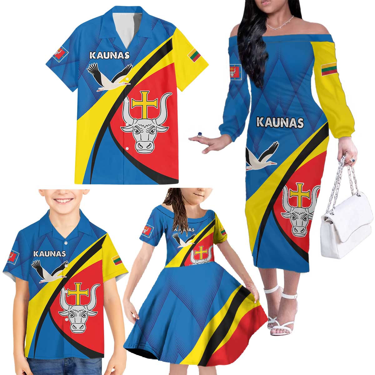 Lithuania Kaunas County Family Matching Off The Shoulder Long Sleeve Dress and Hawaiian Shirt Kauno Apskritis Coat of Arms