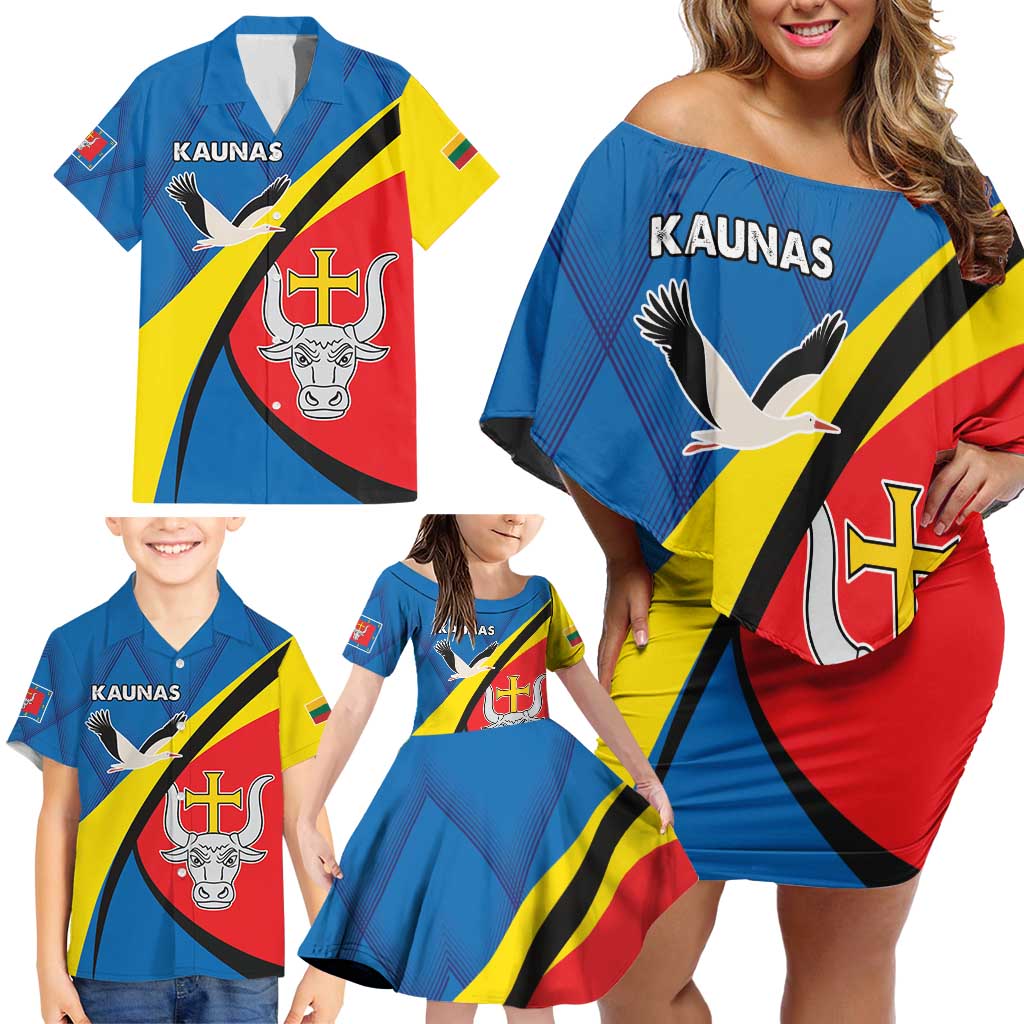 Lithuania Kaunas County Family Matching Off Shoulder Short Dress and Hawaiian Shirt Kauno Apskritis Coat of Arms