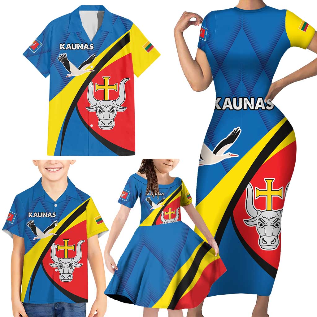 Lithuania Kaunas County Family Matching Short Sleeve Bodycon Dress and Hawaiian Shirt Kauno Apskritis Coat of Arms