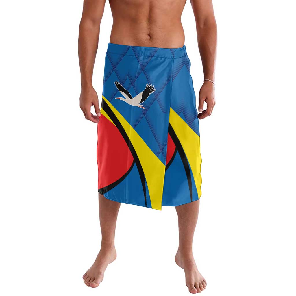 Graphic blue swim shorts with elastic waistband, drawstring, and coat-of-arms style print