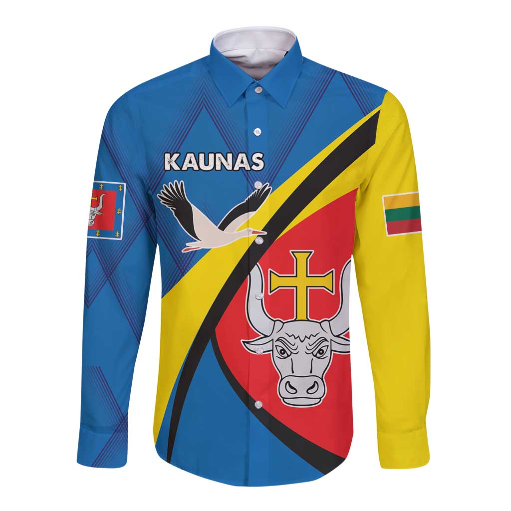 Unisex long-sleeve button shirt with Kaunas crest graphic, blue collar