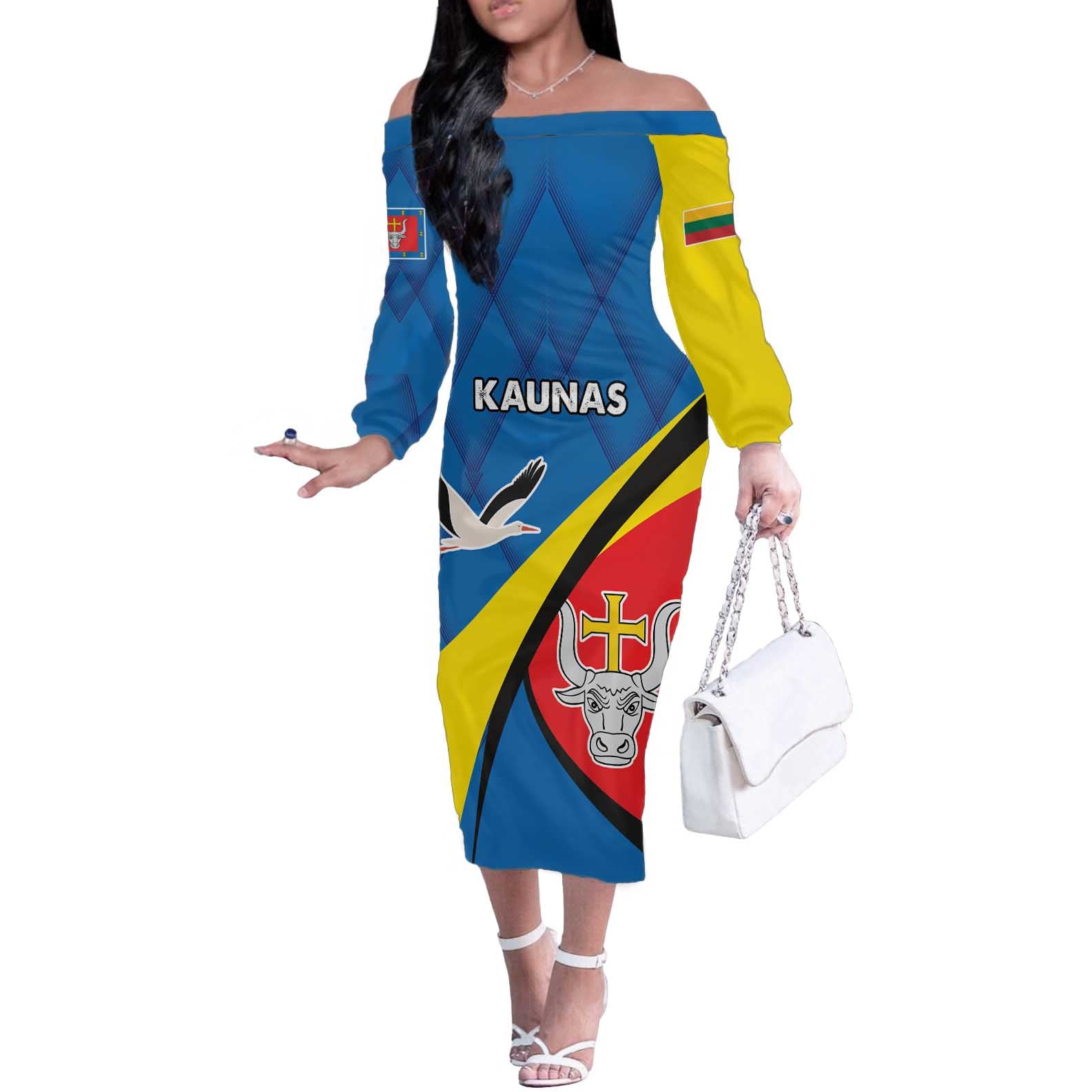 Lithuania Kaunas County Off The Shoulder Long Sleeve Dress Kauno Apskritis Coat of Arms