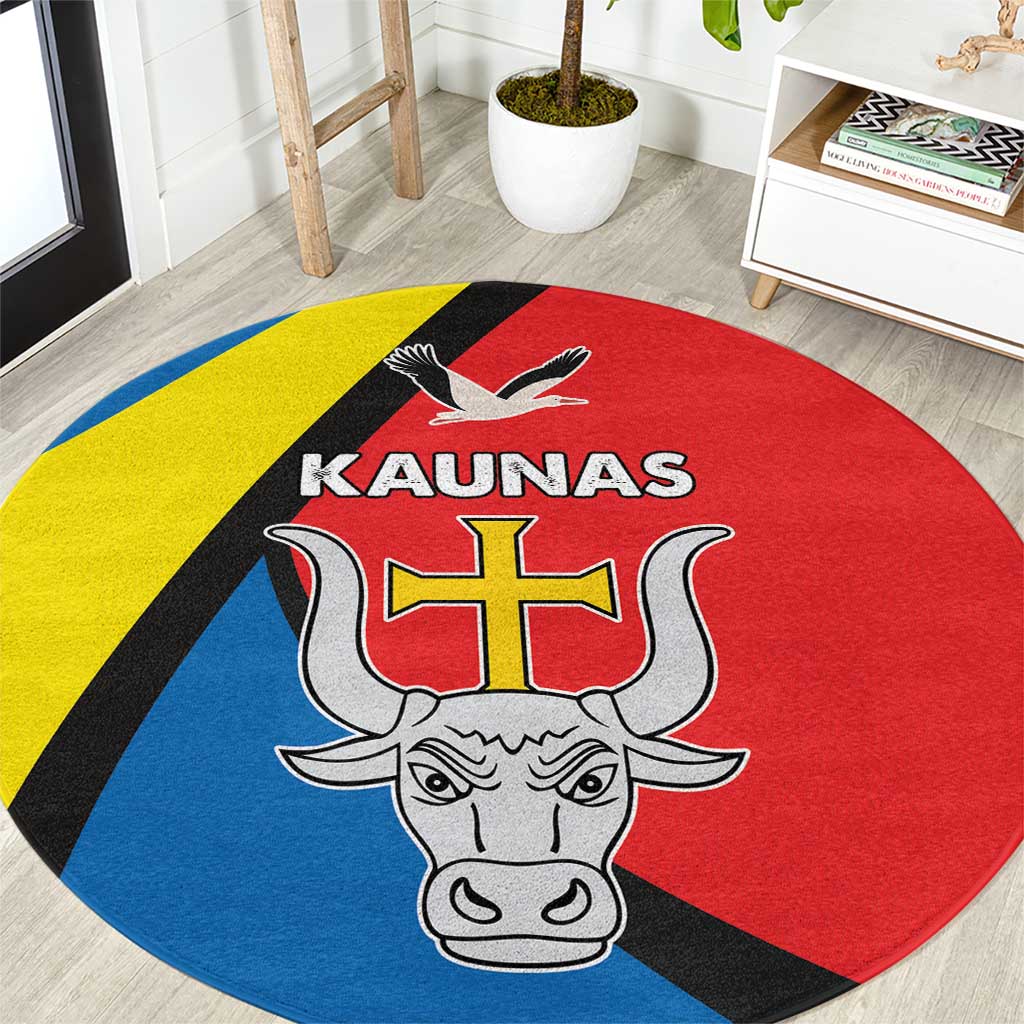 Close-up of Round Kaunas rug featuring bull crest, cross, and KAUNAS text