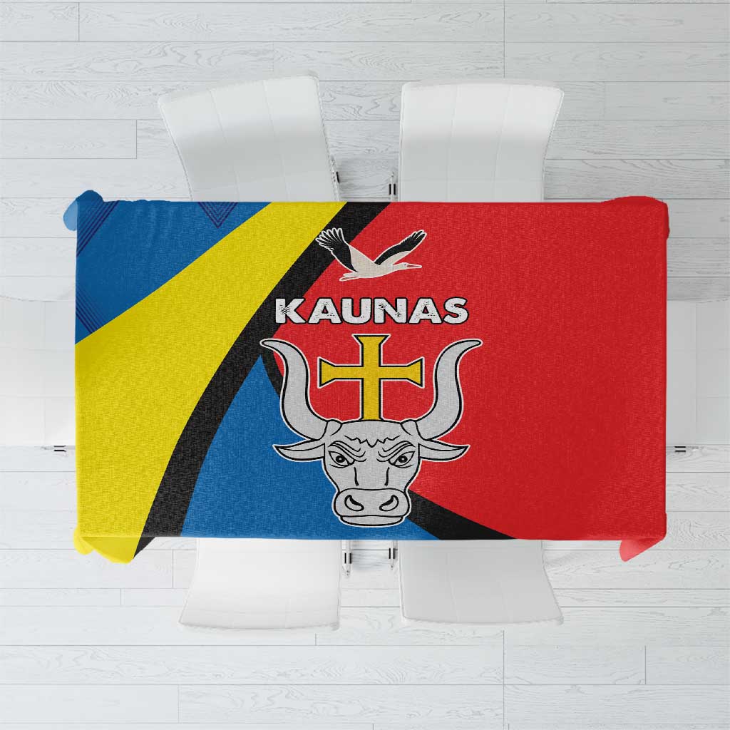 Kaunas coat of arms tablecloth with blue, yellow, black, and red flag design
