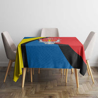 Kaunas coat of arms tablecloth with crest on blue, yellow, black, and red panels