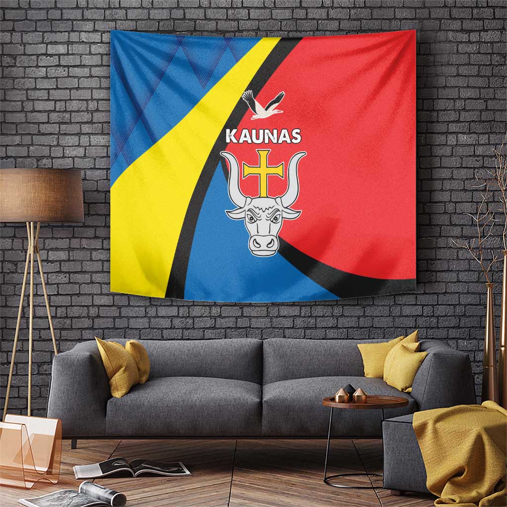 Kaunas tapestry flag with blue, yellow, and red panels and coat of arms.
