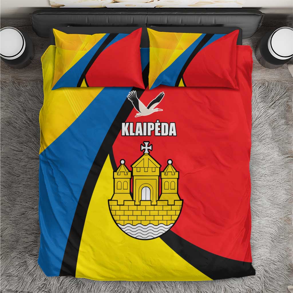 Klaipeda-themed bedding set with yellow, blue, and red flag design and coat of arms