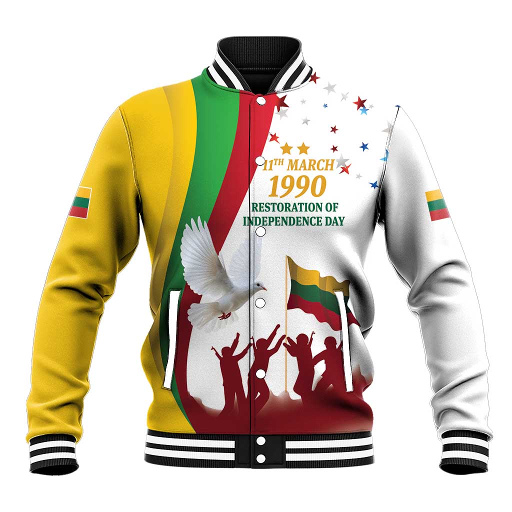 Unisex baseball jacket with multicolor panels, striped cuffs, and front graphic print