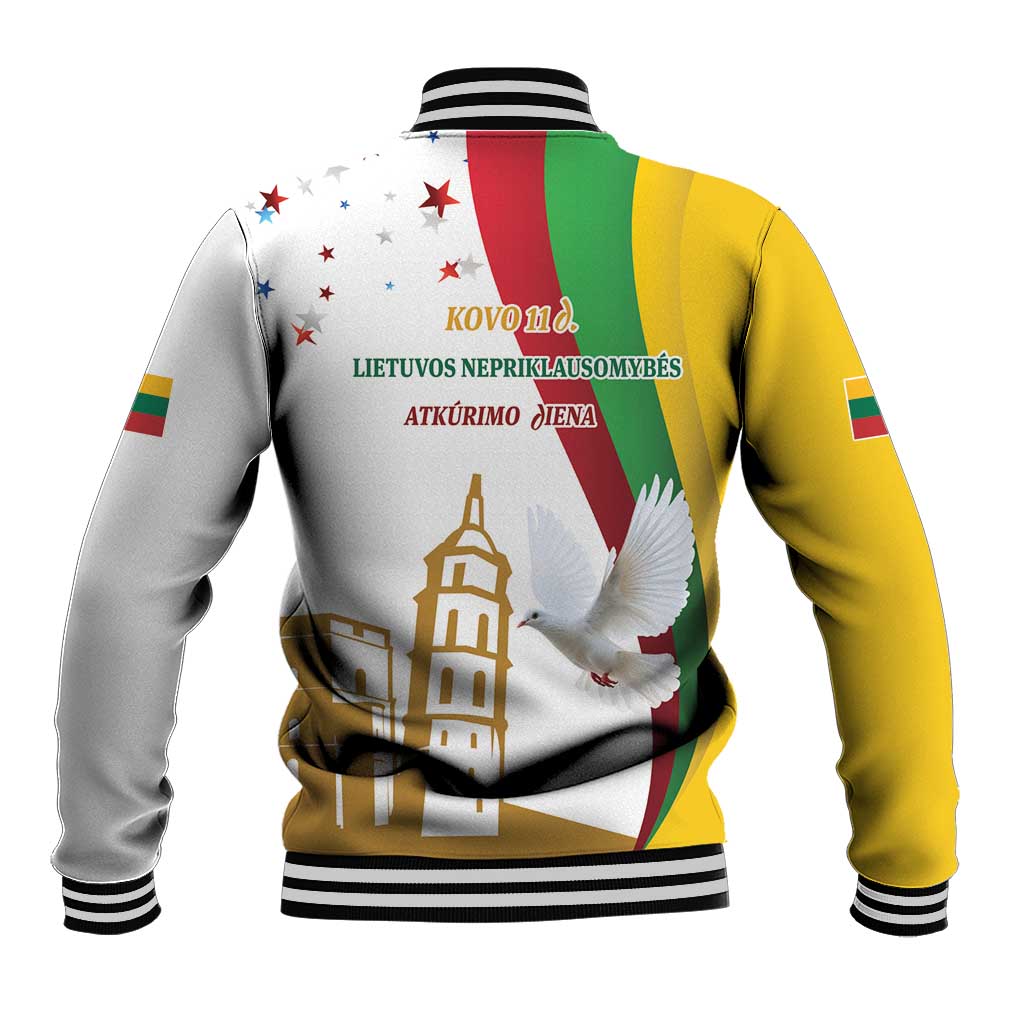 Unisex baseball jacket with multicolor back graphic, striped collar, and snap button front