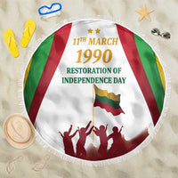 Round white beach blanket with Lithuania flag stripes, “11th March 1990” text and fringe