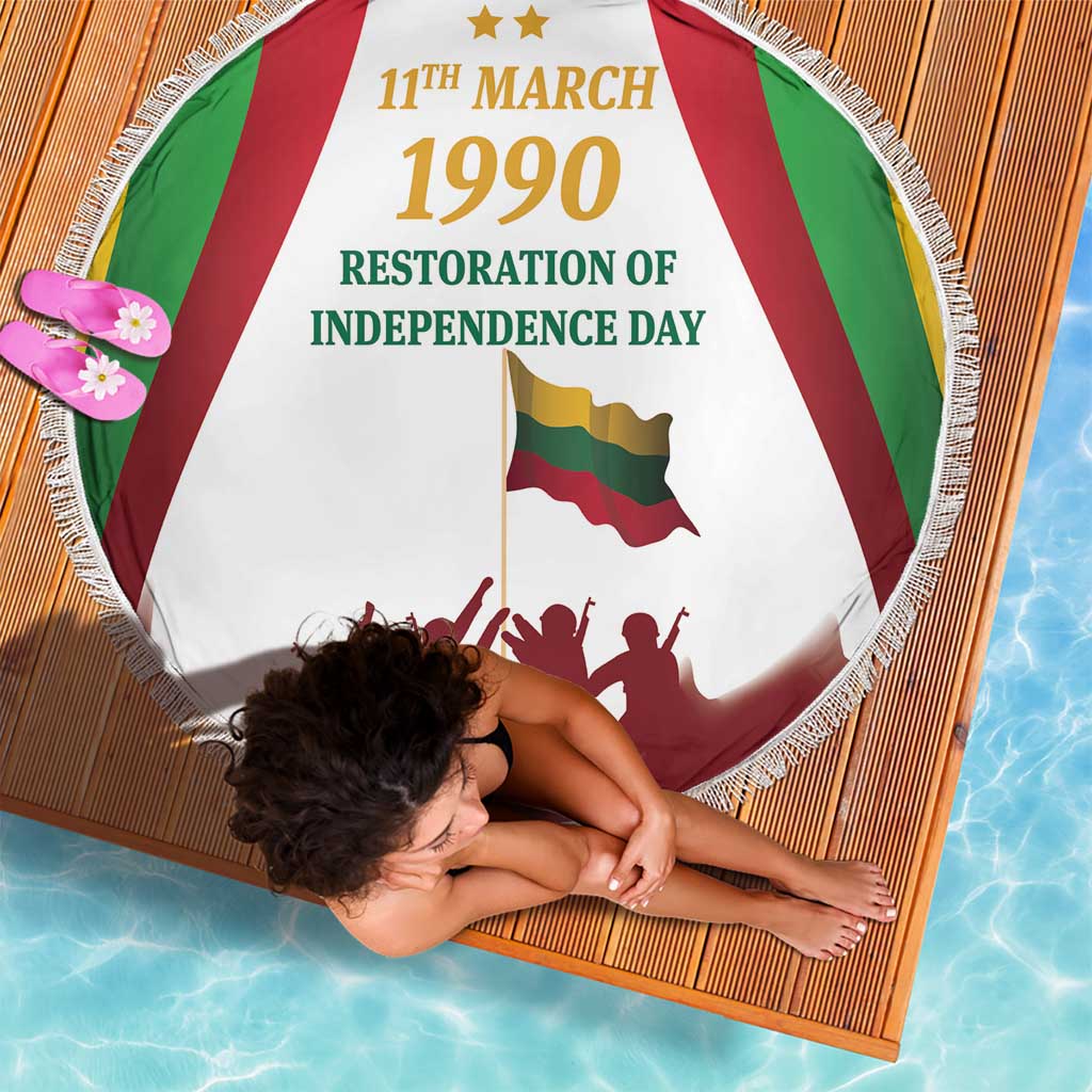 Round white beach blanket with Lithuania flag design, “11th March 1990” text and fringe