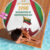 Round white beach blanket with Lithuania flag design, “11th March 1990” text and fringe